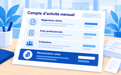 Compte d'activité mensuel présentant les règlements clients, les frais, les cotisations et la rémunération nette.
