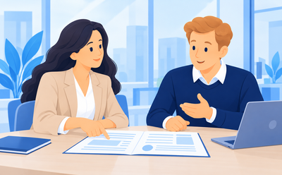 Une dirigeante et un consultant examinent ensemble une proposition de mission.