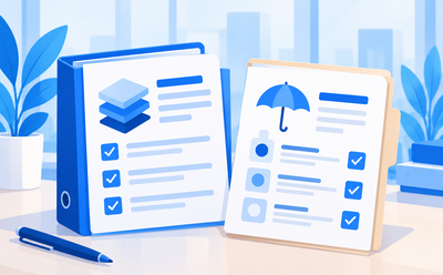 Deux dossiers illustrant la garantie financière et l'assurance responsabilité civile professionnelle.